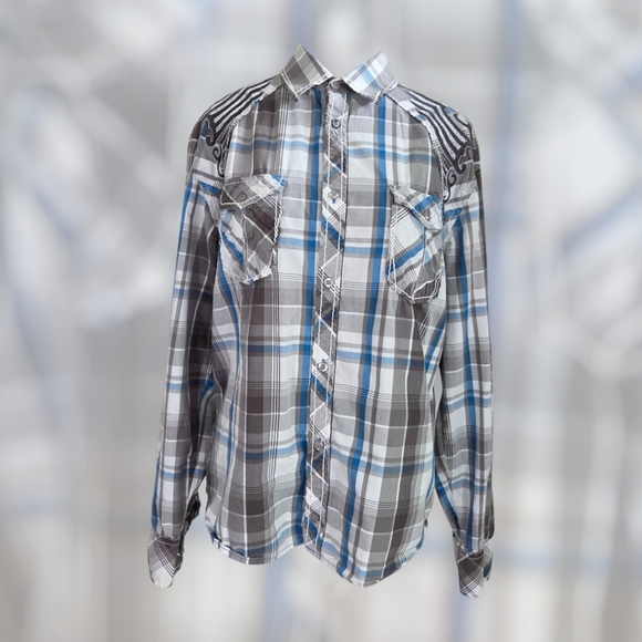 Roar Men's Gray and Blue Plaid Shirt with Embroidery Size L - Picture 7 of 13